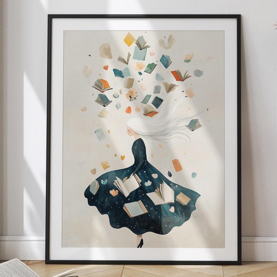 Dreamy Watercolor Art Woman Reading Illustration Modern In Navy Hues Home Decor Prints Wall Art Of Old Books Moody Wall Art