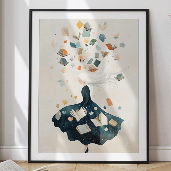 Dreamy Woman with Swirling Books Whimsical Reading Art Poster