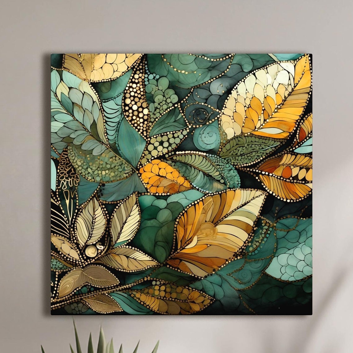 Stained Glass Teal Gold Mosaic Leaves Jewel Tone Botanical Poster