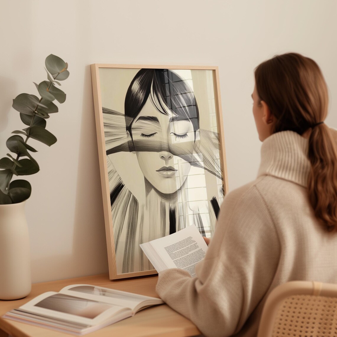 Dreamy Woman Behind Striped Veil Monochrome Fashion Art Poster - Image 3