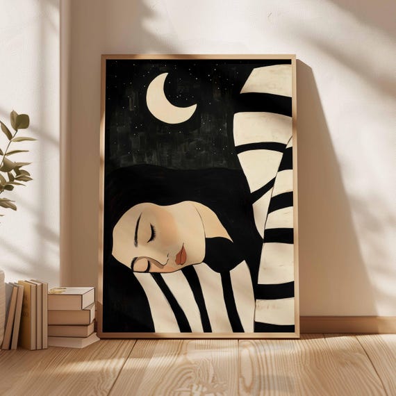 Sleeping Woman Under Crescent Moon Black Beige Wall Art Striped Dreamy Night Portrait Minimalist