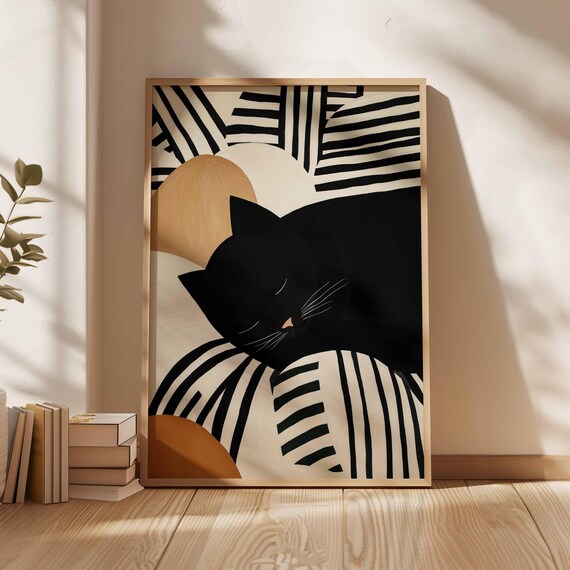 Sleeping Black Cat Illustration Minimalist Striped Wall Art Cozy Modern For Lovers