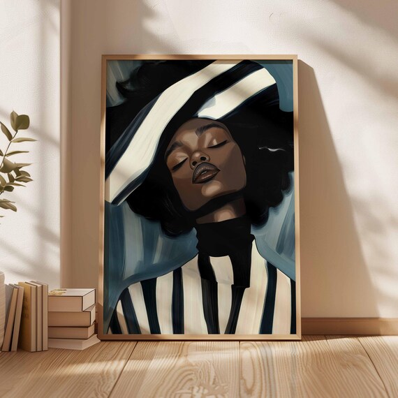 Bold Afro Woman Portrait Black Print Expressive Striped Wall Art Modern Feminine Decor Vibrant