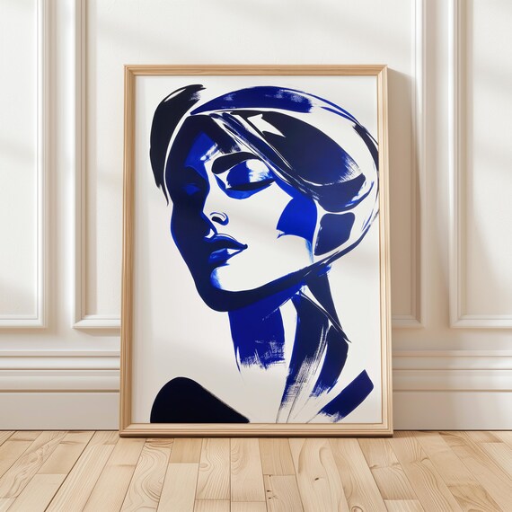 Bold Blue Brushstroke Woman Face Contemporary Modern Art Poster