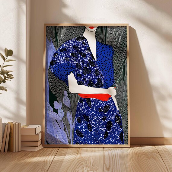 Blue Dotted Dress Abstract Woman Portrait Fashion Art Poster