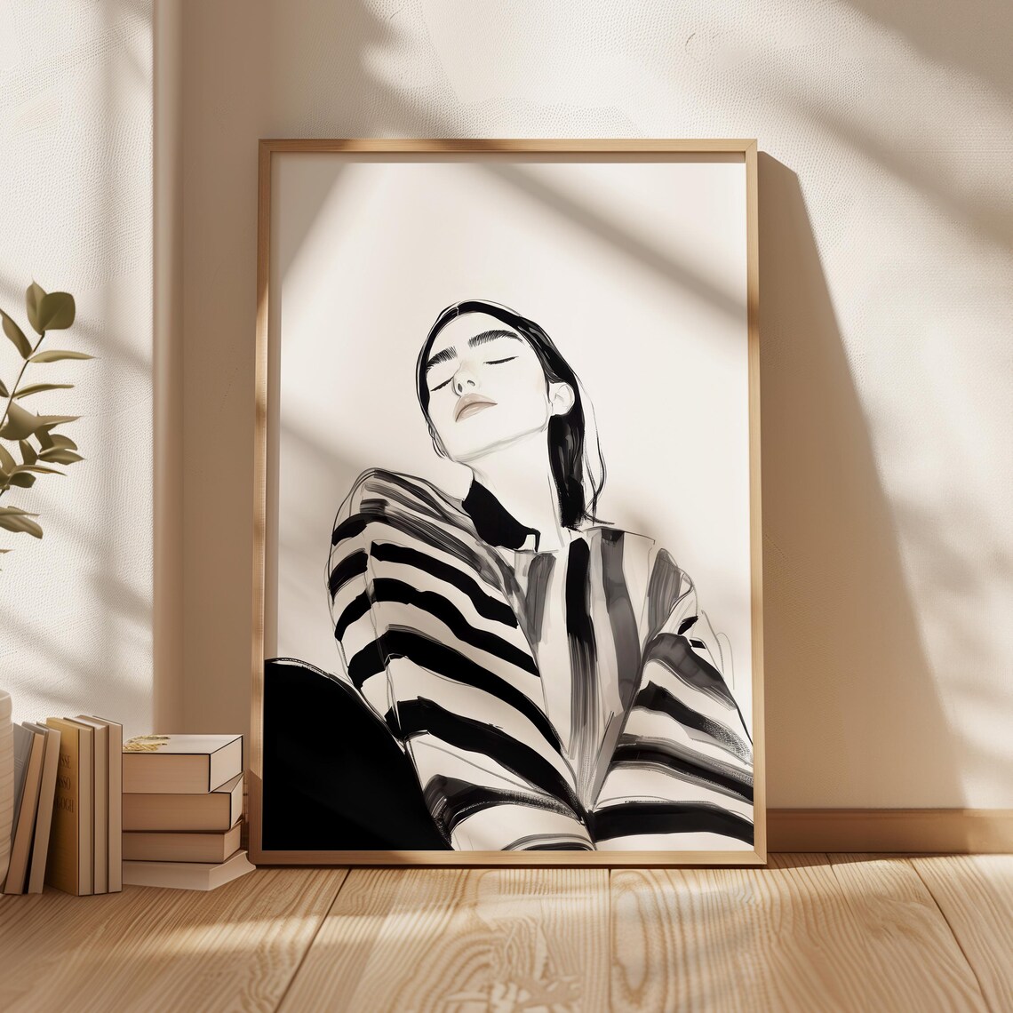 Subtle Striped Woman Portrait Monochrome Minimalist Art Poster