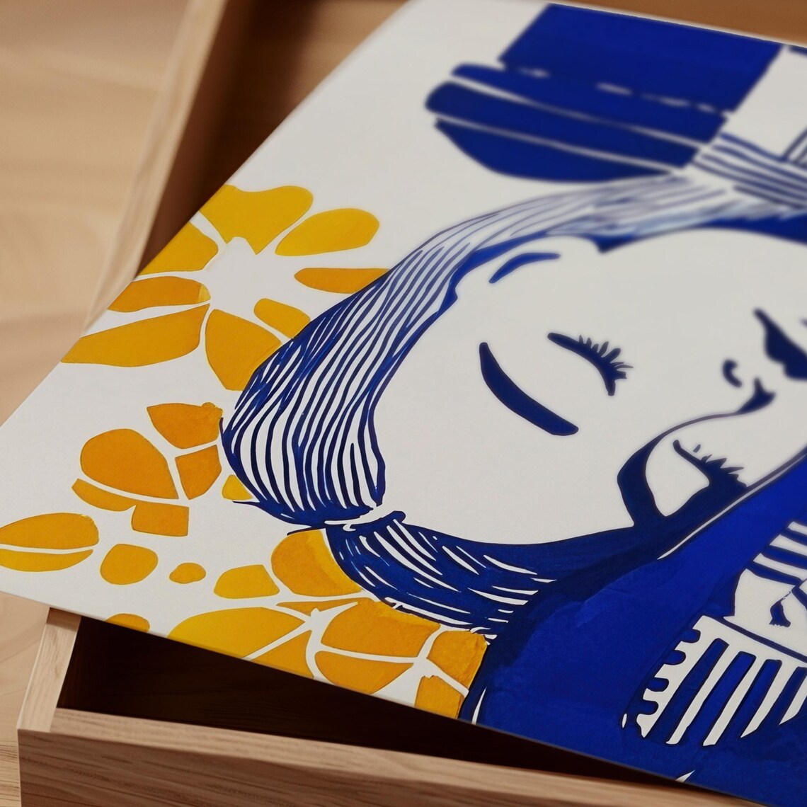 Reclining Woman in Blue Pattern With Sun and Leaves Art Poster - Image 3