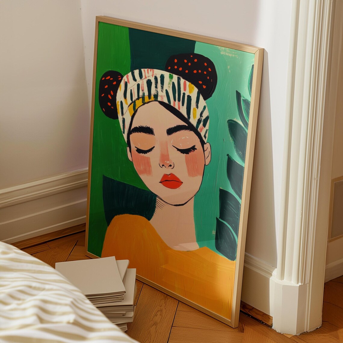 Playful Woman with Colorful Headscarf Bold Green Portrait Poster - Image 2