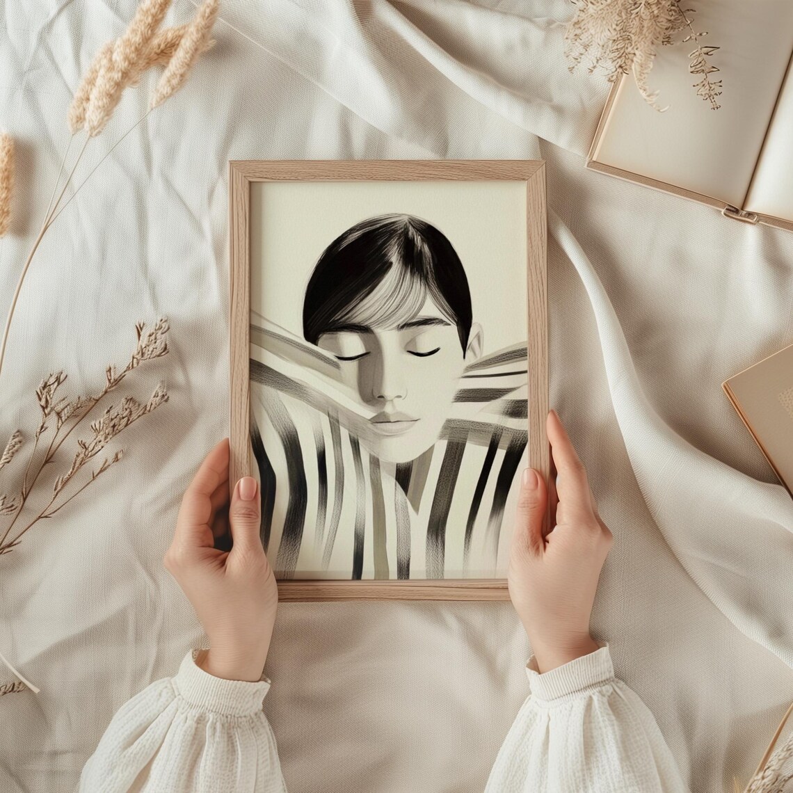 Veiled Woman Portrait With Monochrome Striped Fabric Art Poster - Image 3