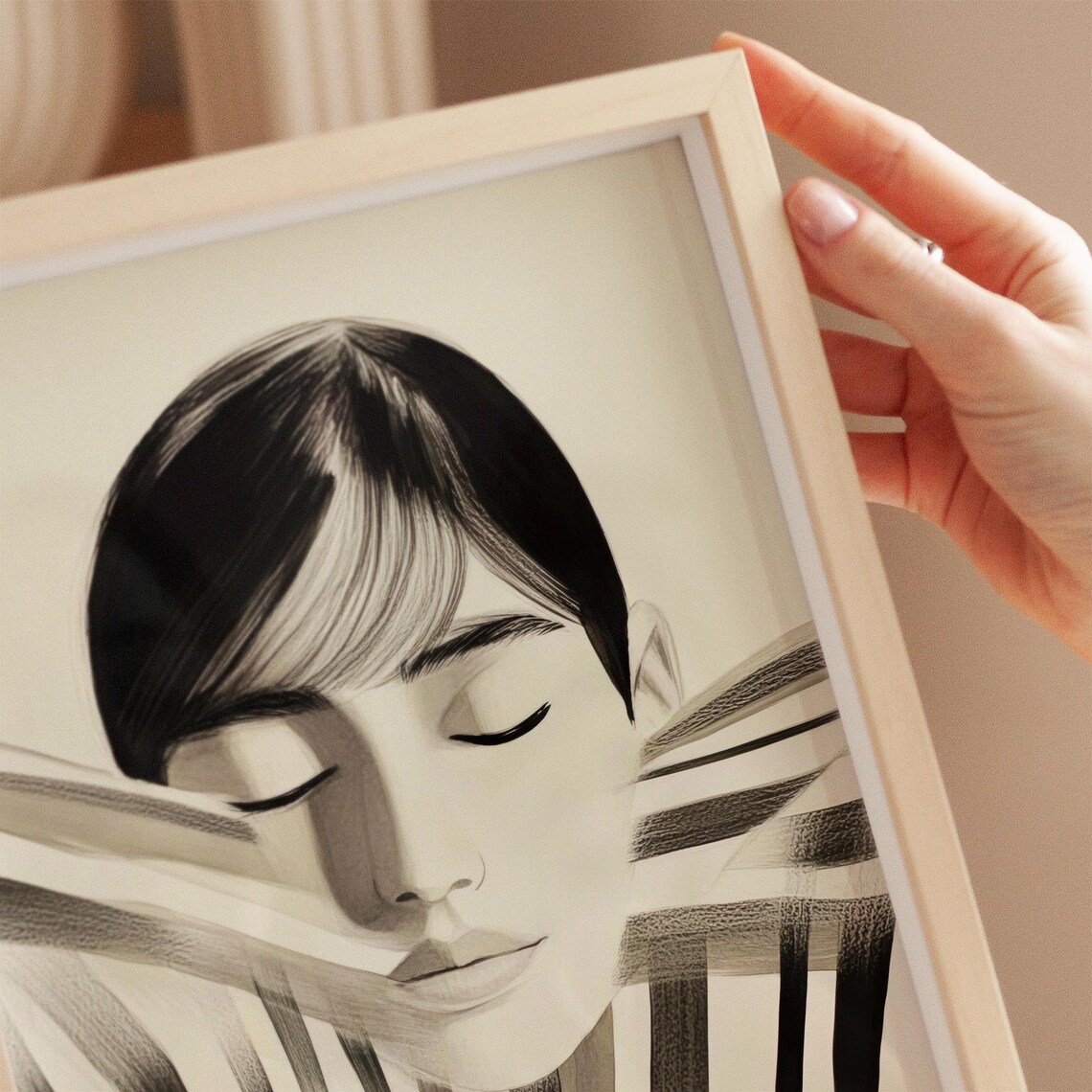 Veiled Woman Portrait With Monochrome Striped Fabric Art Poster - Image 2