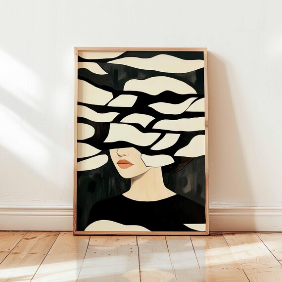 Abstract Portrait Of Woman With Black And White Stripes Hidden Face Art Dreamy Minimalist