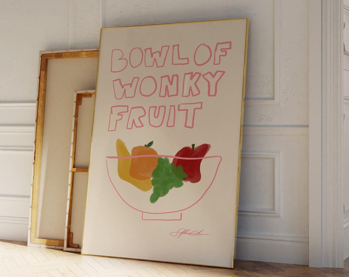 Bowl Of Wonky Fruit Retro Hand Drawn Kitchen Food Wall Poster