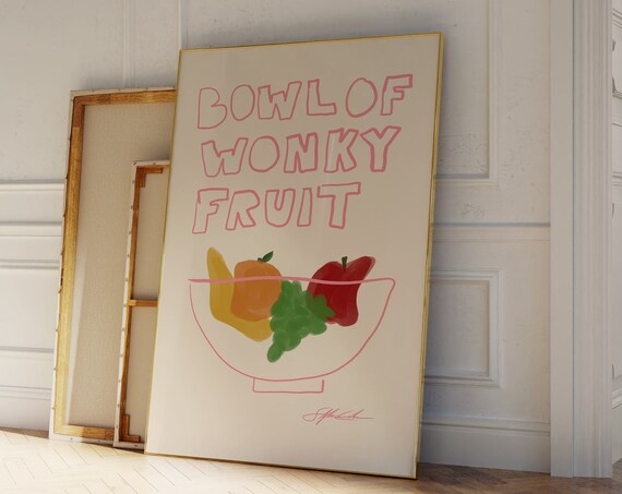 Bowl Of Wonky Fruit Retro Hand Drawn Kitchen Food Wall Poster