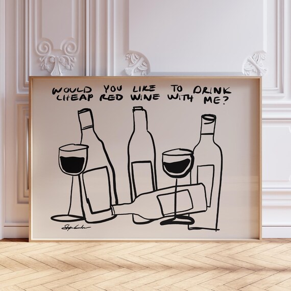 Red Wine Retro Bar Cart Art Print, Mid-Century