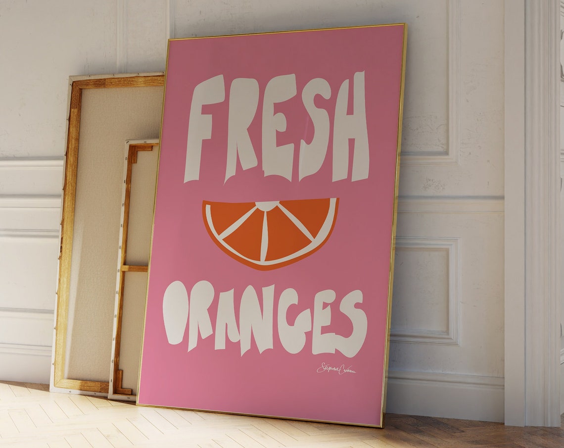 Fresh Oranges Pink Retro Pop Art Fruit Kitchen Market Wall Poster