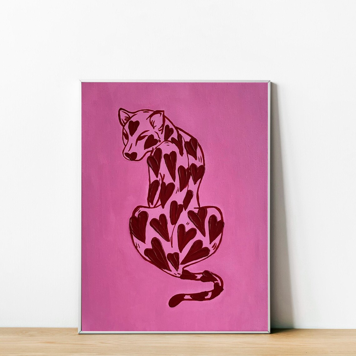 Pink Leopard Covered in Hearts Cute Romantic Wild Cat Art Poster