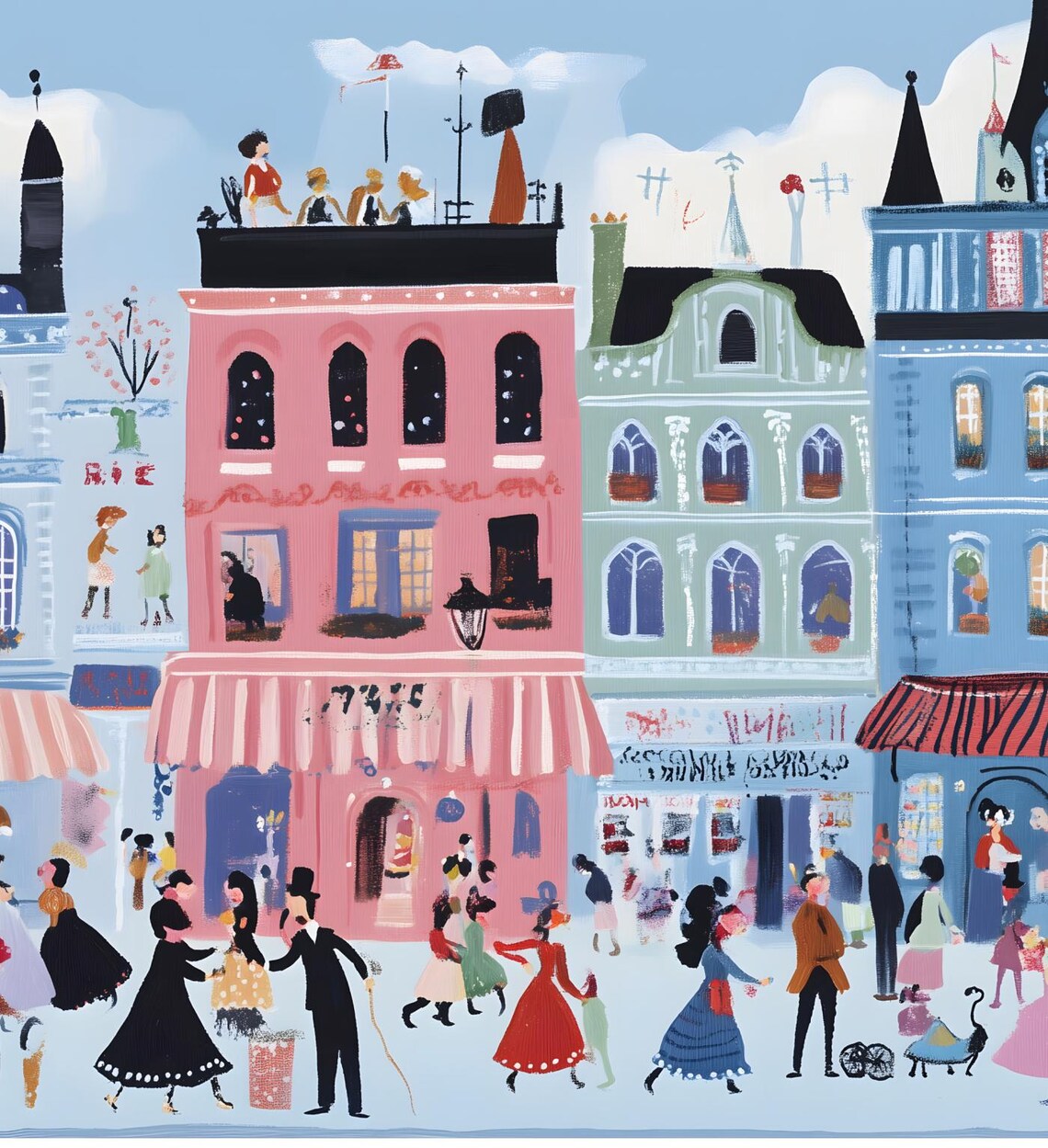 Whimsical Colorful City Street Scene Bustling Town Illustration Poster - Image 6
