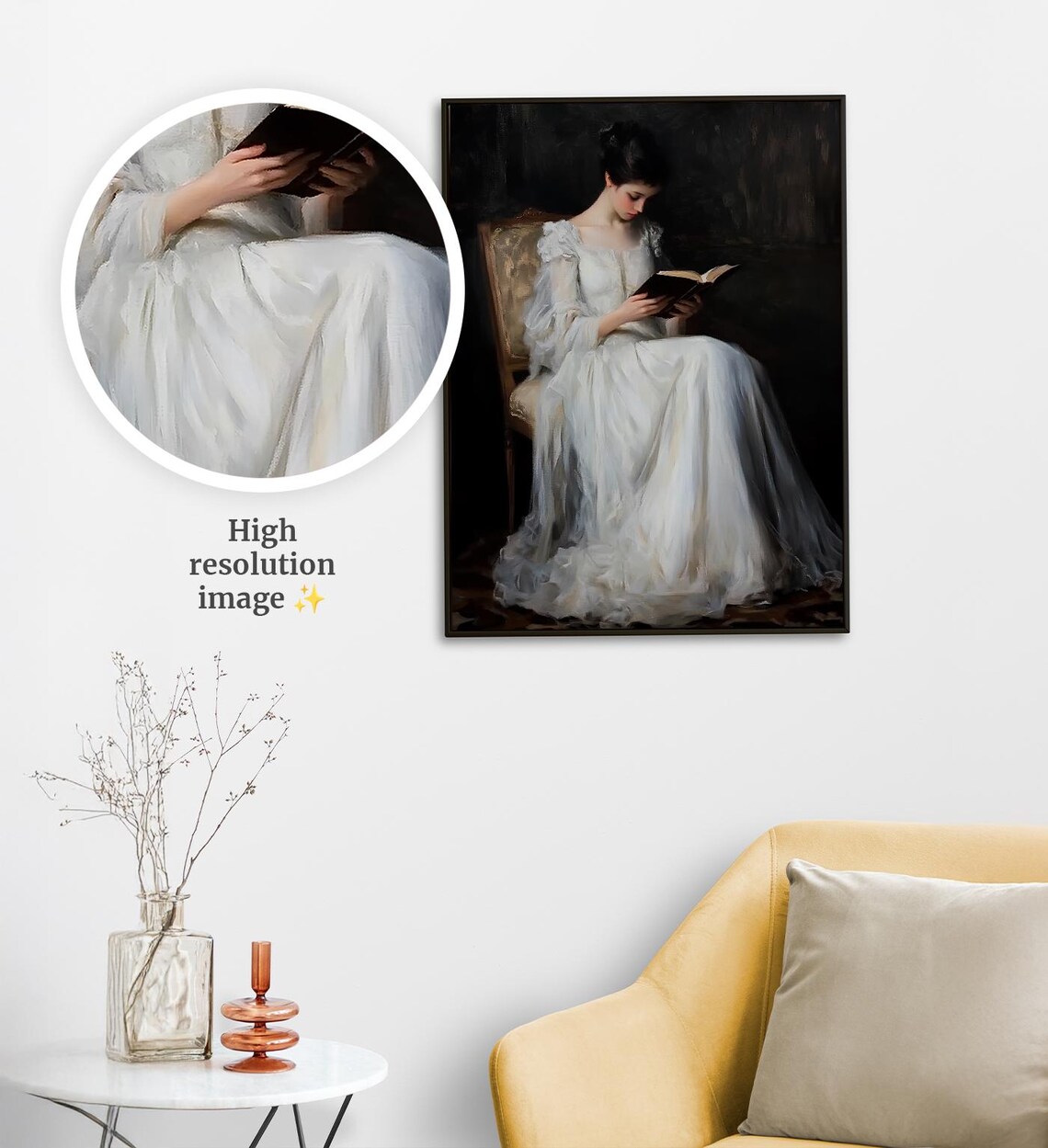 Vintage Woman Reading Book White Dress Classical Oil Painting Art Poster - Image 4