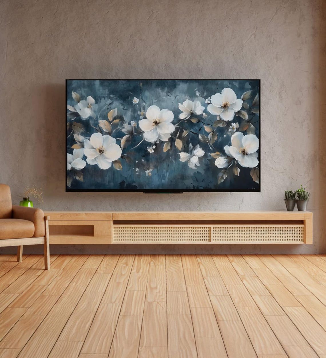 White Blossoms Midnight Navy Blue Moody Botanical Painting Poster - Image 4
