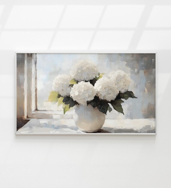 White Hydrangeas Vase Window Light Neutral Still Life Painting Poster