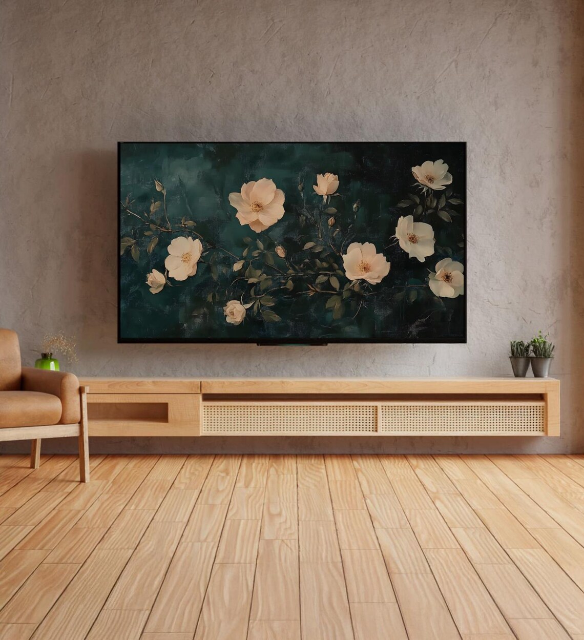 Peach Wild Roses Dark Green Vintage Botanical Oil Painting Art Poster - Image 4