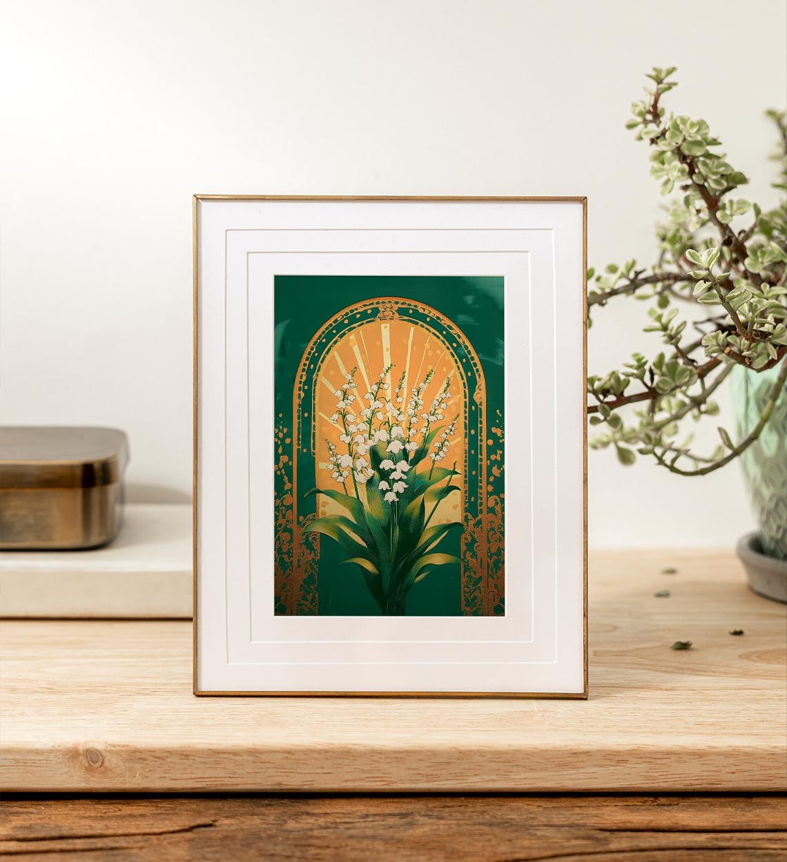 Lily Of The Valley Emerald Green Gold Sunburst Botanical Art Poster - Image 5