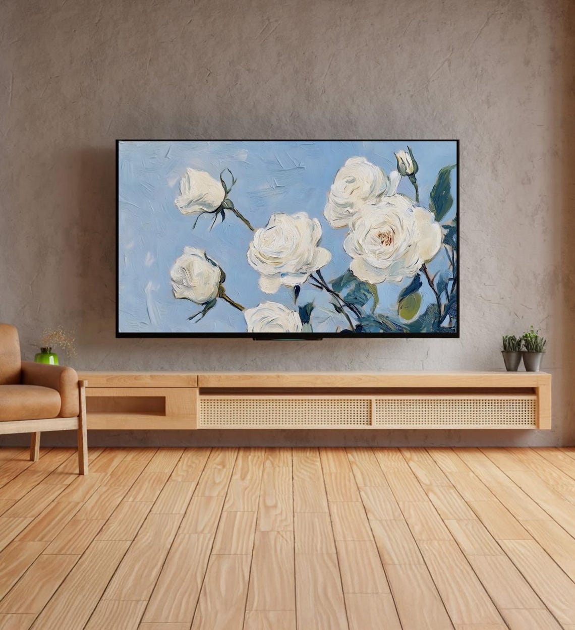 White Roses On Blue Sky Branch Textured Floral Oil Painting Art Poster - Image 4