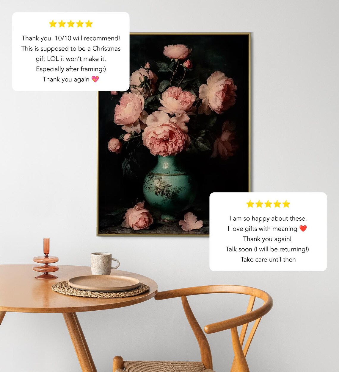 Moody Pink Roses Green Vase Dark Floral Still Life Vintage Art Poster - Image 2