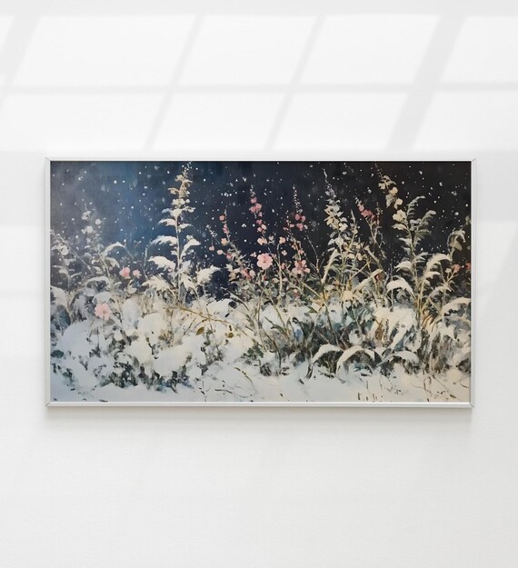 Winter Frame Tv Art Vintage Winter Garden Wildflower Painting Neutral Tv Screensaver Moody Dark Winter Decor