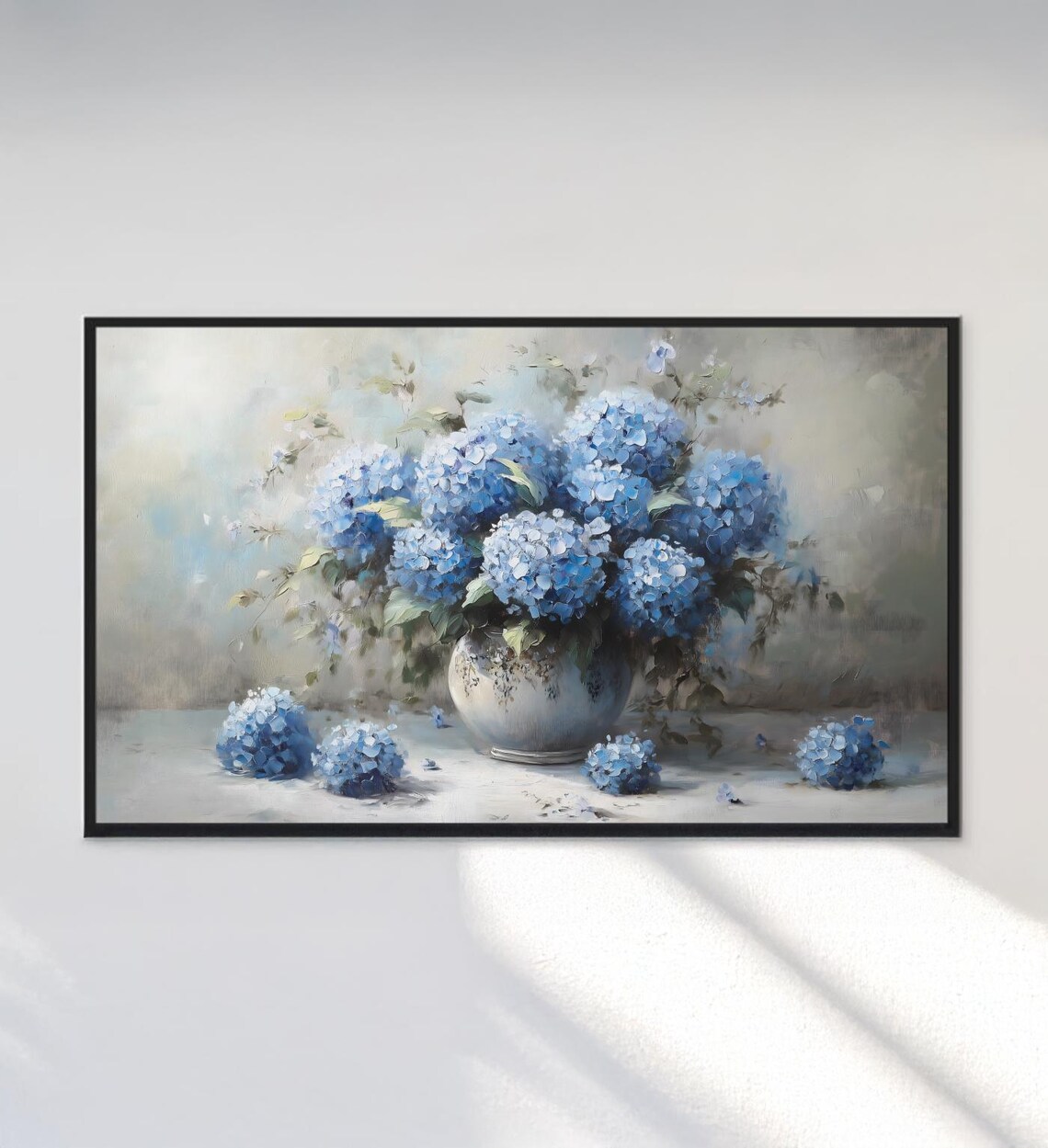 Blue Hydrangeas In Vase Soft Floral Still Life Oil Painting Art Poster - Image 3