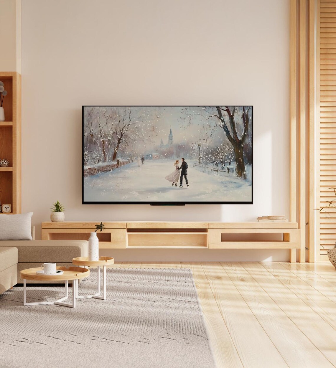 Vintage Couple Ice Skating Snowy Winter Park Scene Painting Poster - Image 7