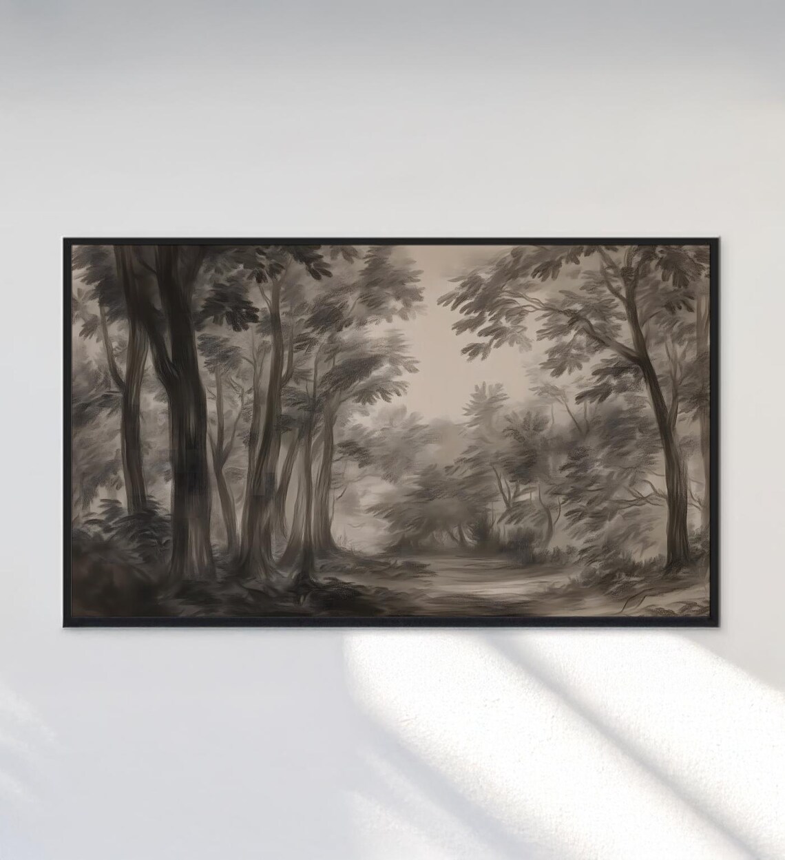 Dark Moody Forest Charcoal Sketch Antique Woodland Landscape Art Print - Image 3