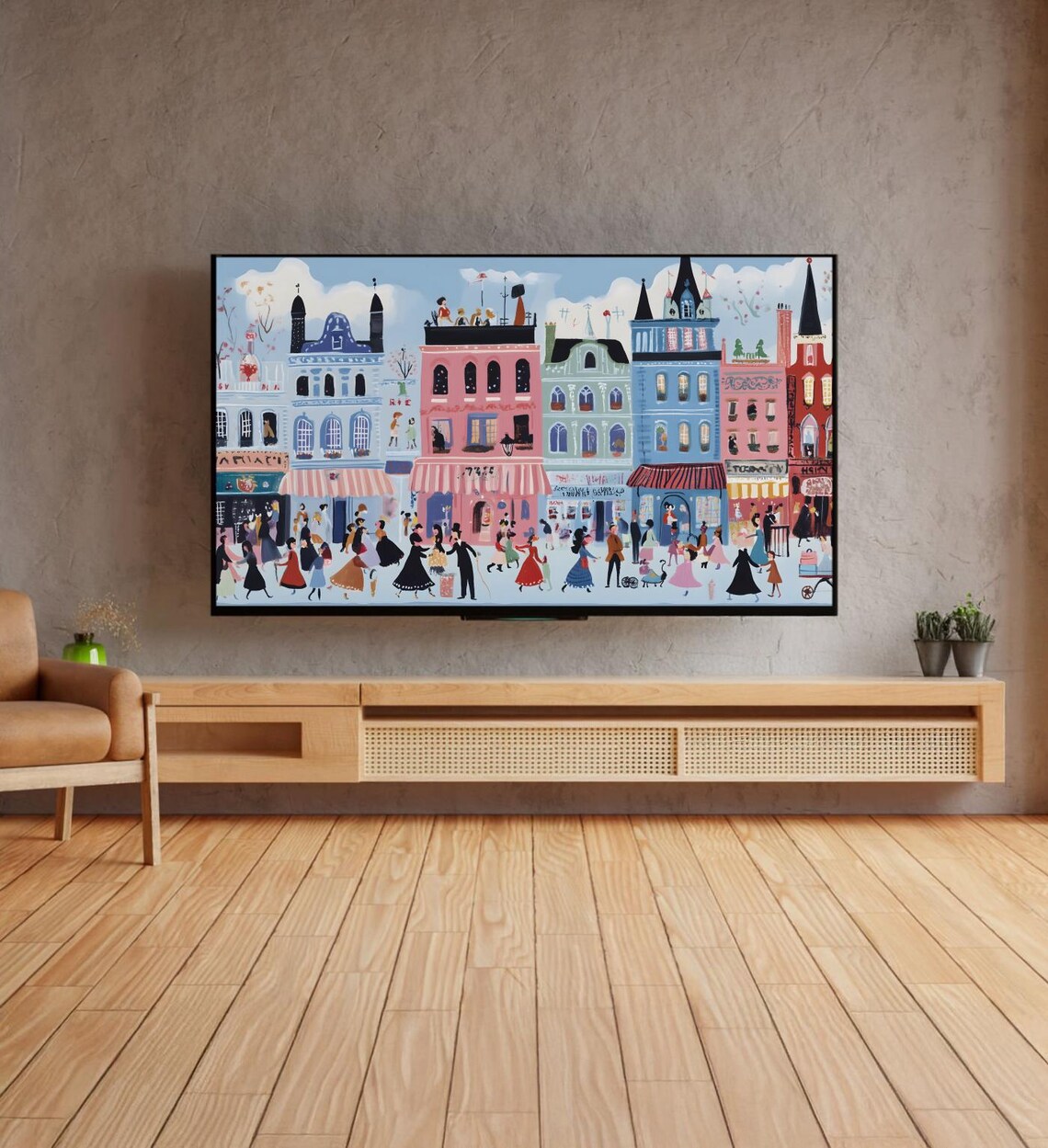 Whimsical Colorful City Street Scene Bustling Town Illustration Poster - Image 4