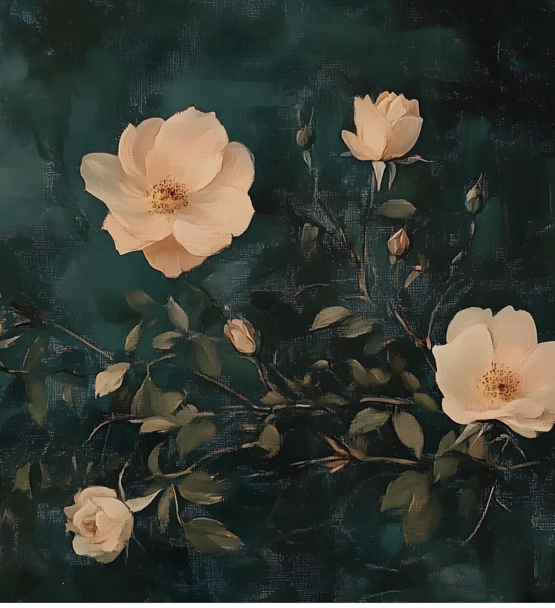 Peach Wild Roses Dark Green Vintage Botanical Oil Painting Art Poster - Image 6
