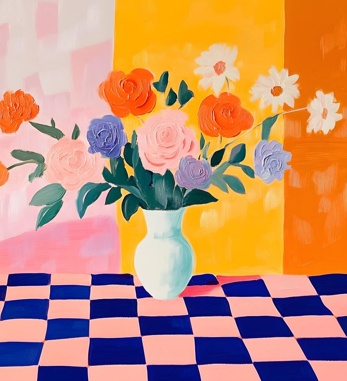 Colorful Flowers Vase Checkered Table Bold Modern Still Life Poster - Image 6