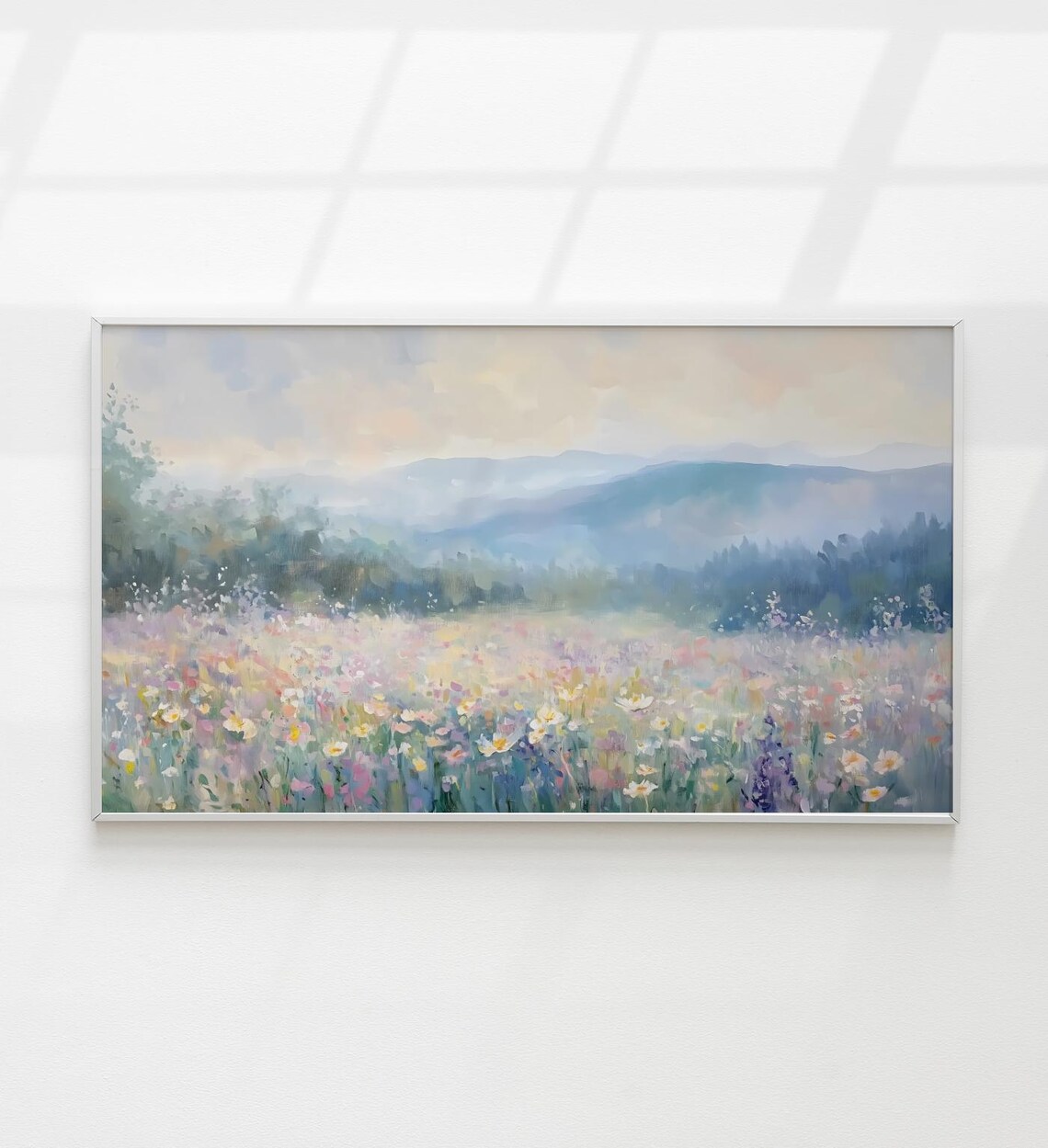 Pastel Wildflower Meadow Misty Mountains Spring Landscape Art Poster