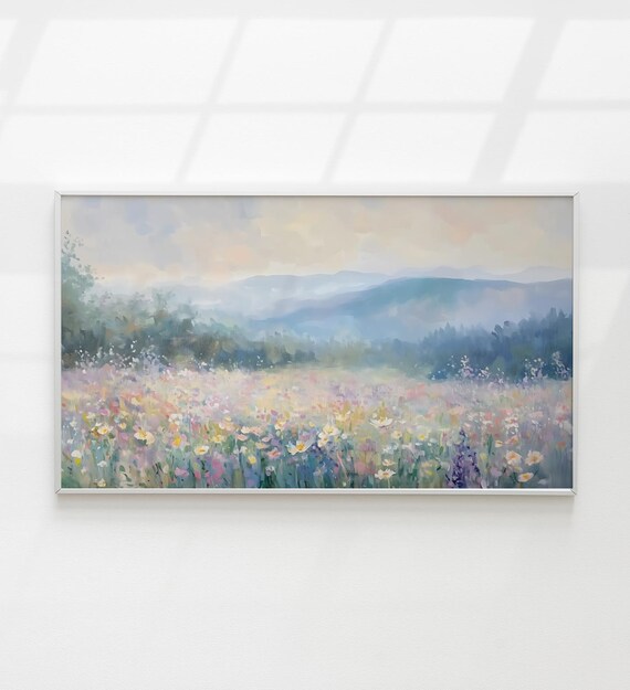 Pastel Wildflower Meadow Misty Mountains Spring Landscape Art Poster