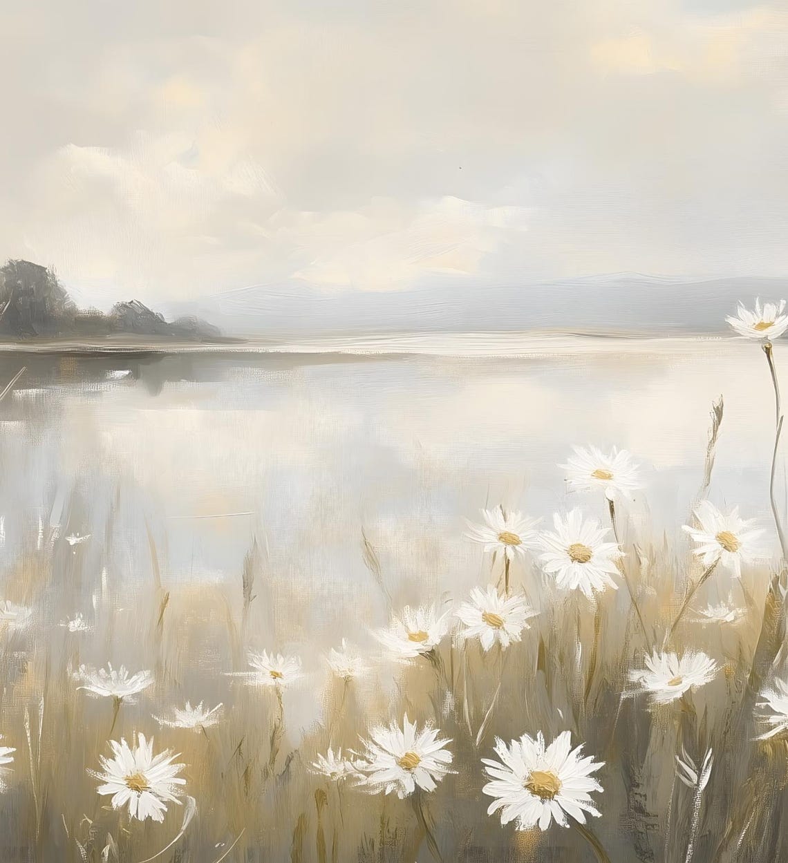 White Daisies By Misty Lake Morning Meadow Panoramic Floral Art Poster - Image 6