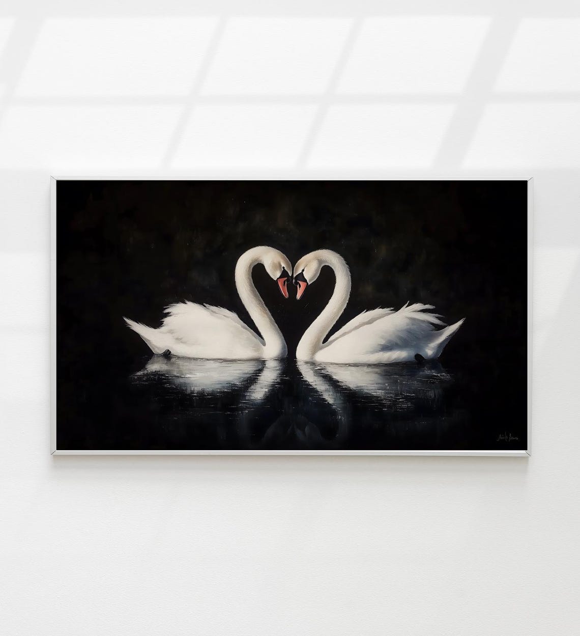 Two White Swans Heart Shape Dark Moody Black Lake Painting Poster