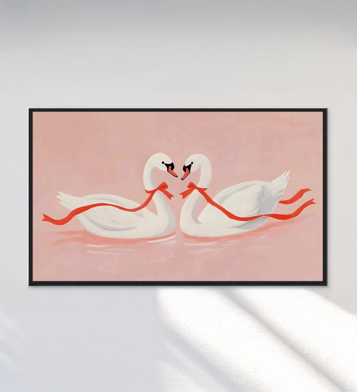 Romantic White Swans Red Ribbon Blush Pink Whimsical Art Poster - Image 3