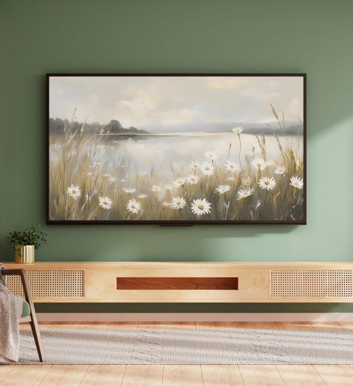 White Daisies By Misty Lake Morning Meadow Panoramic Floral Art Poster - Image 5