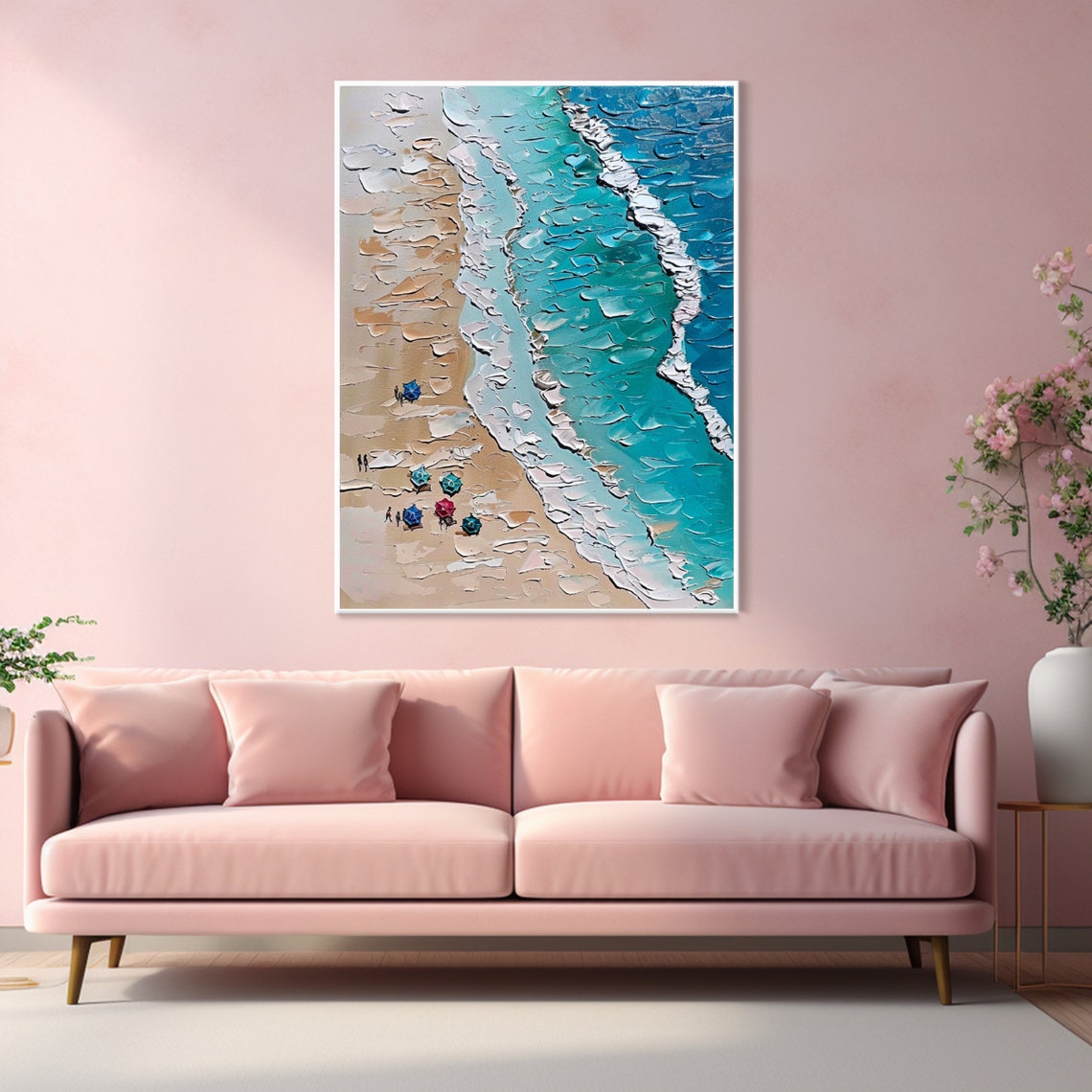 Aerial Beach Umbrellas Turquoise Waves Textured Impasto Wall Art - Image 2