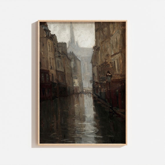 Antique Dark Moody City Landscape, Vintage Art Print