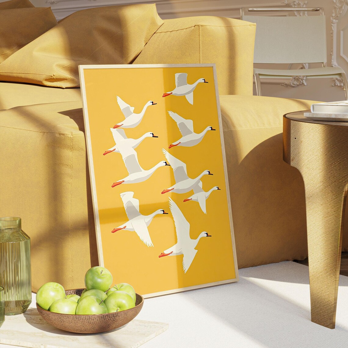 Flying Swans Flock Mustard Yellow Minimalist Bird Illustration Poster