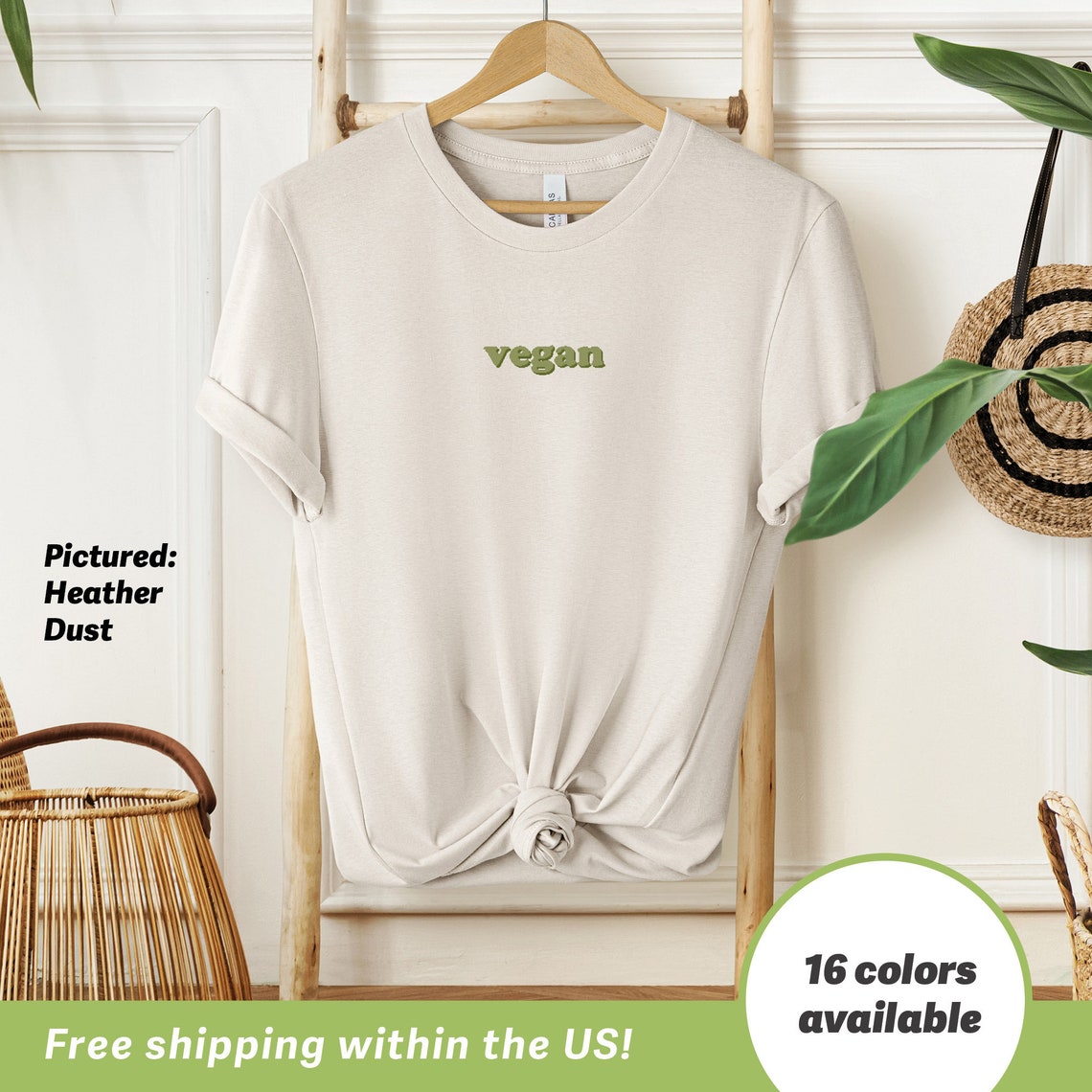 Vegan Graphic T-Shirt Print in Heather Dust with 16 Colors Available