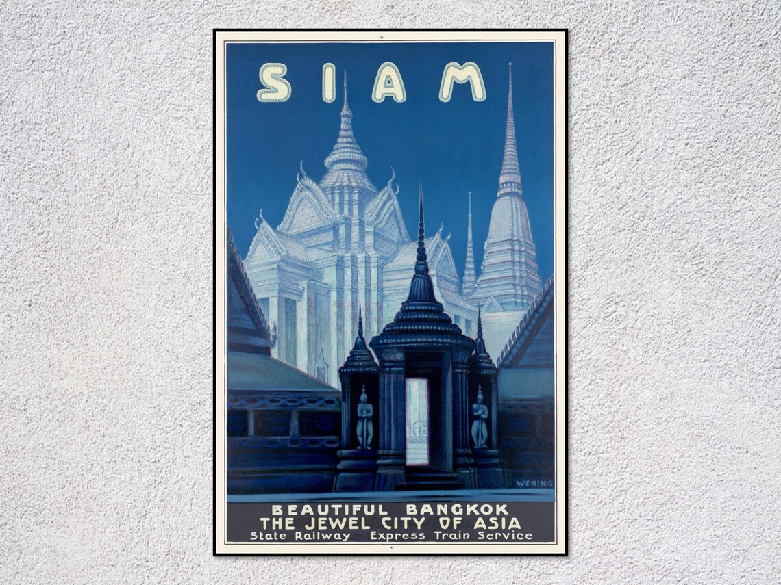 Siam Bangkok Jewel City Of Asia Night Temple Vintage Railway Poster