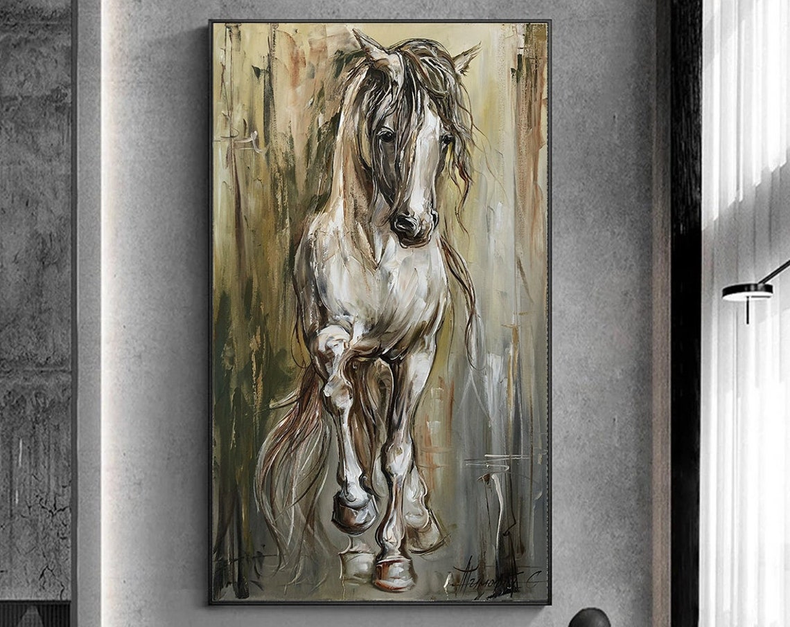 Arabian Horse Oil Painting On Farmhouse Wall Art Animal Oil Painting Gift For Horse Lover Abstract Running Horse Painting 30x60