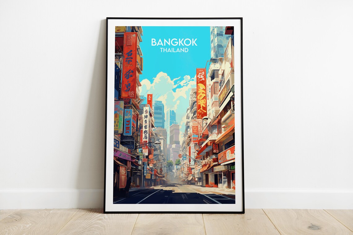 Bangkok Thailand Vibrant City Street Scene Retro Travel Poster