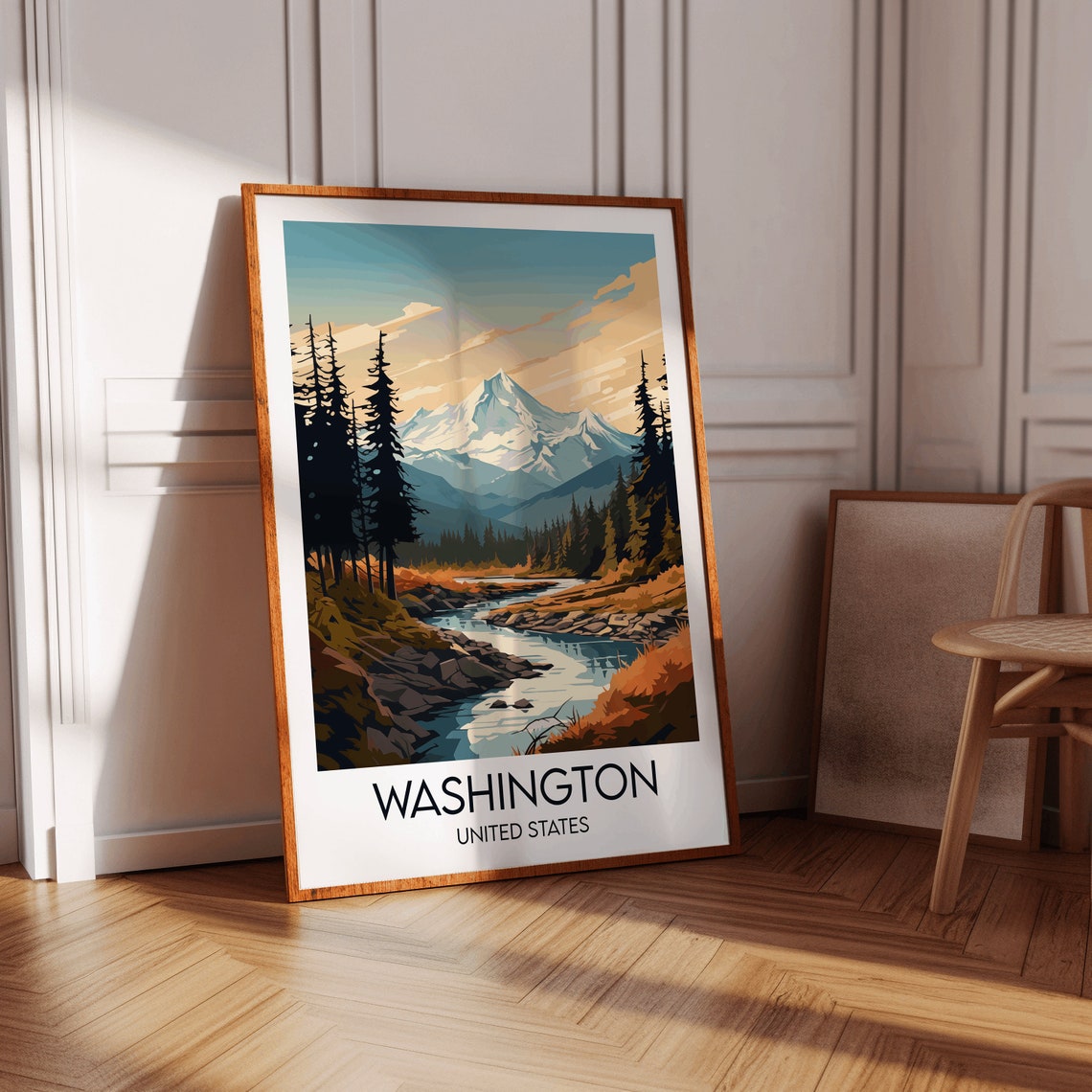 Washington USA Snow Capped Mountain River Pine Forest Travel Poster - Image 3