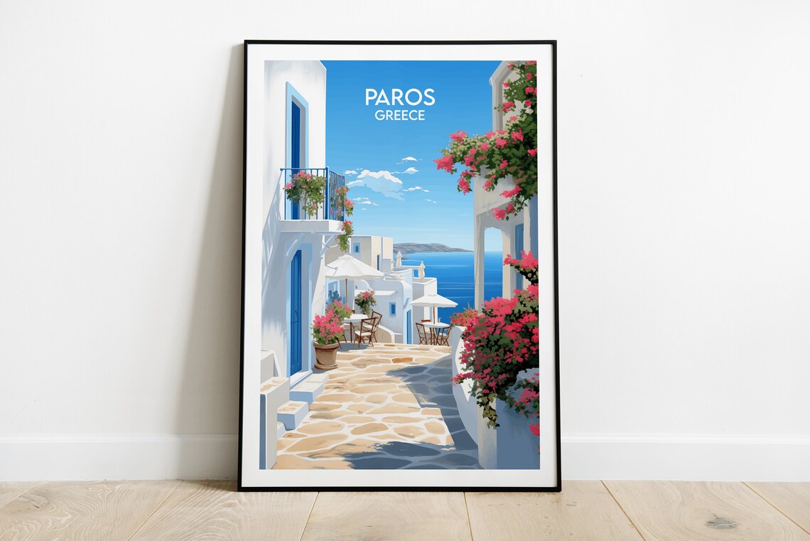 Paros Greece White Alleyway Bougainvillea Retro Travel Poster